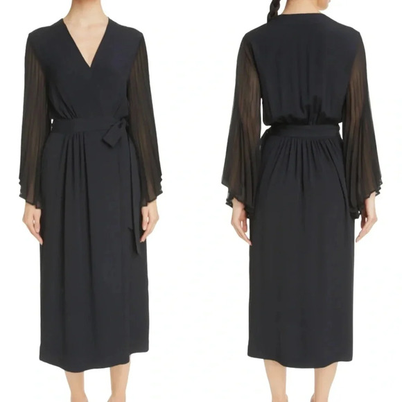Dries Van Noten Dresses & Skirts - Dries Van Noten Dooley Pleated Long Sleeve Crepe Wrap Dress Black Size 8